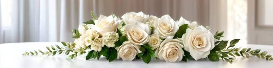 Abstract background the bride's bouquet, a beautiful composition of white blossoms and vibrant greens, serves as the centerpiece of her wedding ensemble.