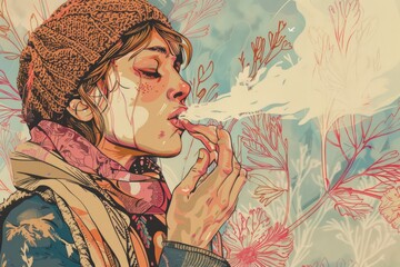 A woman smoking a cigarette in front of a tree. Suitable for lifestyle or addiction-related content