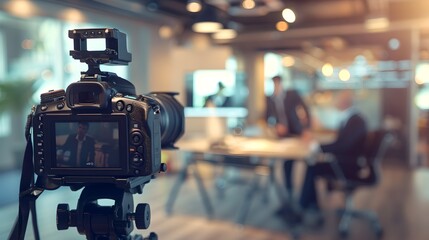 Professional DSLR camera set up in a modern office space ready for a corporate shoot. Sharp focus on technology, blurred background. Contemporary corporate photography. AI