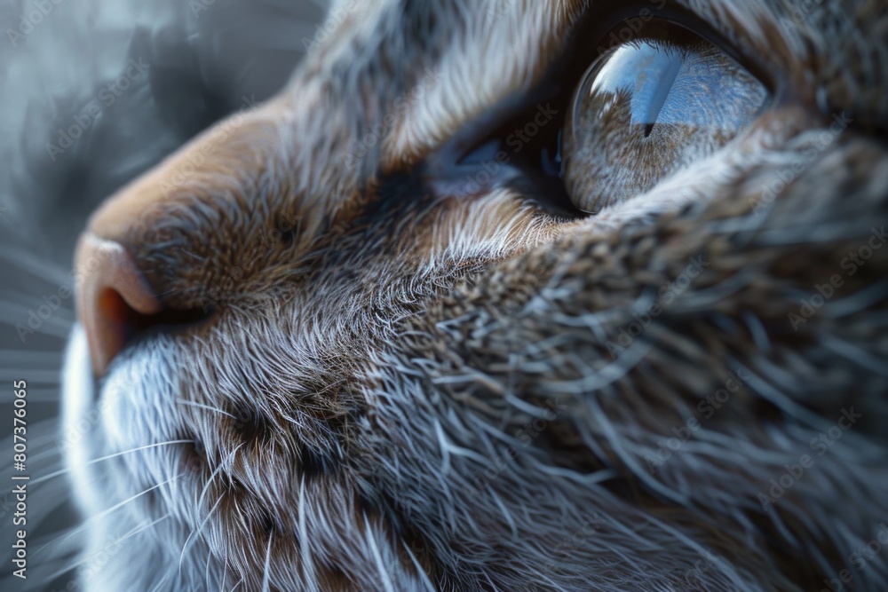 Poster A detailed view of a cat's face with a blurred background. Suitable for various design projects