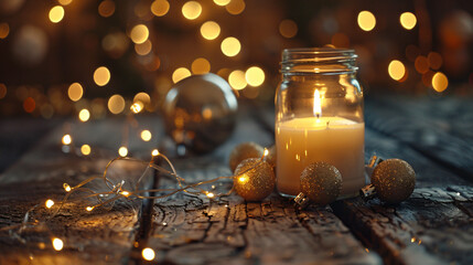 Candle in jar with gold baubles and festive lights