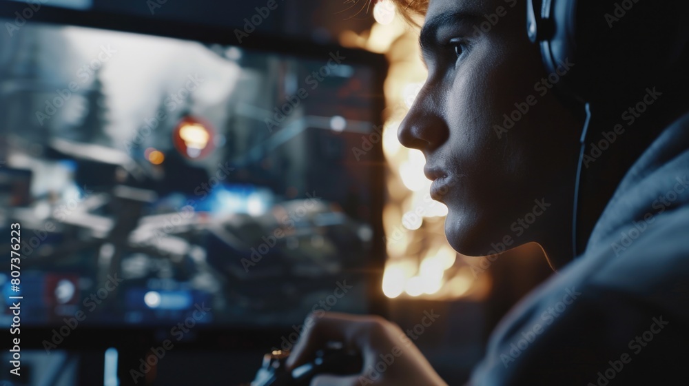 Aufkleber a man immersed in playing a video game with headphones on. suitable for gaming and technology concep