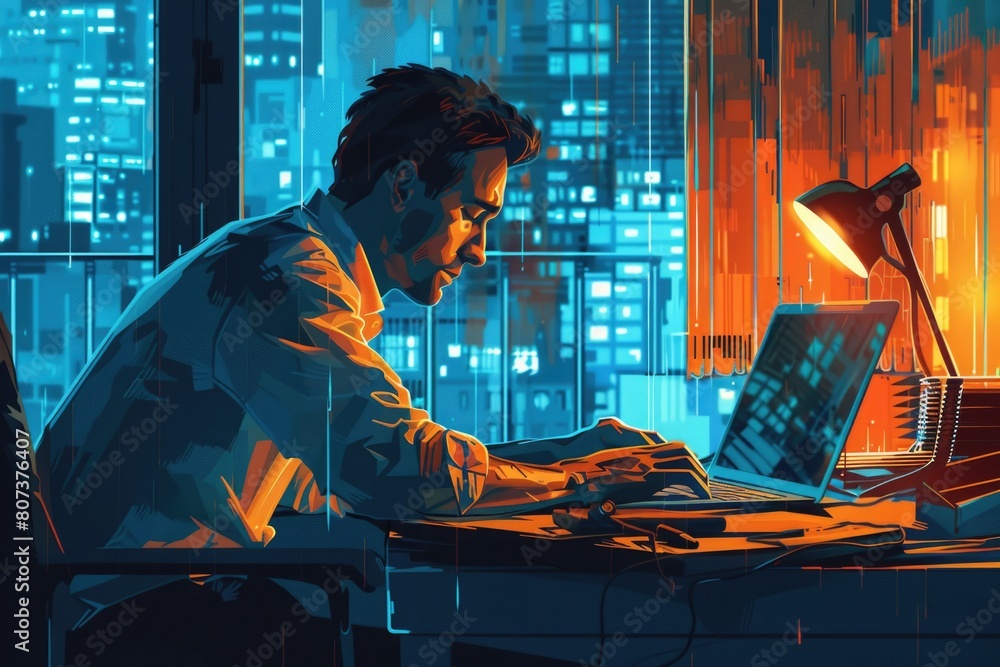 Poster a man sitting at a desk working on a laptop. ideal for business and technology concepts