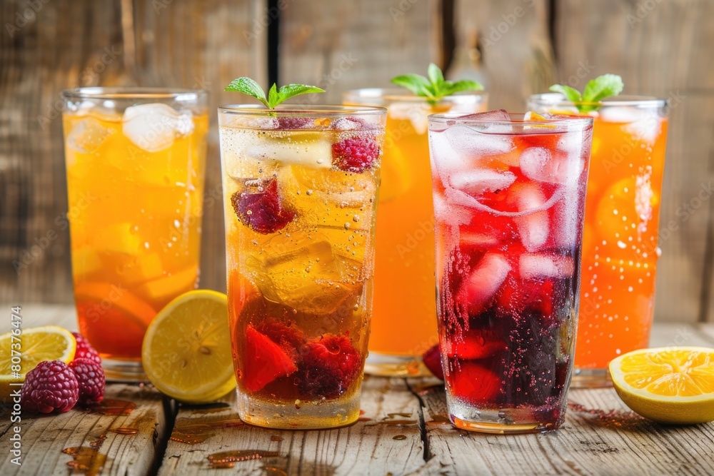 Poster Row of glasses filled with different types of drinks. Suitable for beverage menus