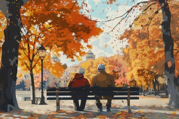 A painting of two individuals relaxing on a bench. Suitable for lifestyle or leisure concepts