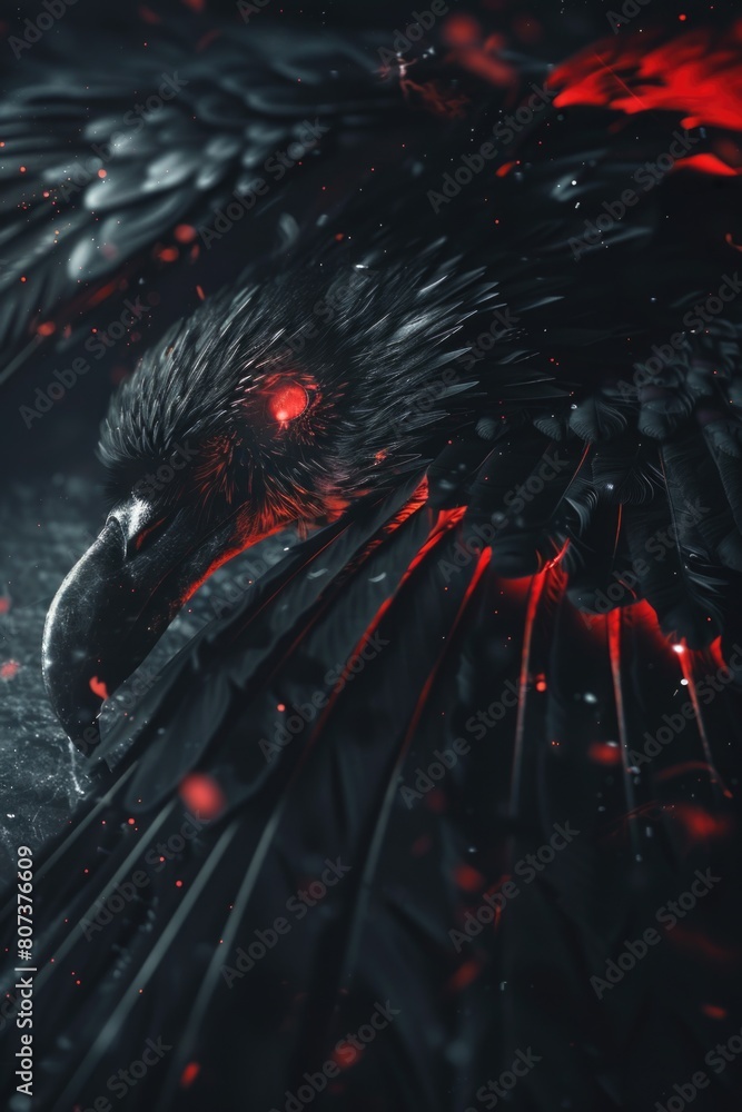 Poster a striking image of a black bird with red eyes and wings. perfect for spooky or halloween-themed pro