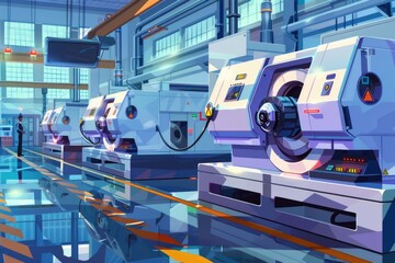 Row of machines in a factory room, suitable for industrial concepts