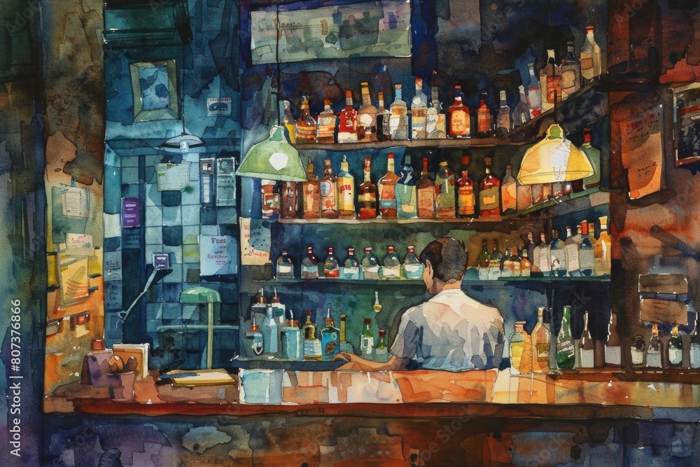 Aufkleber a man sitting alone at a bar. suitable for various concepts