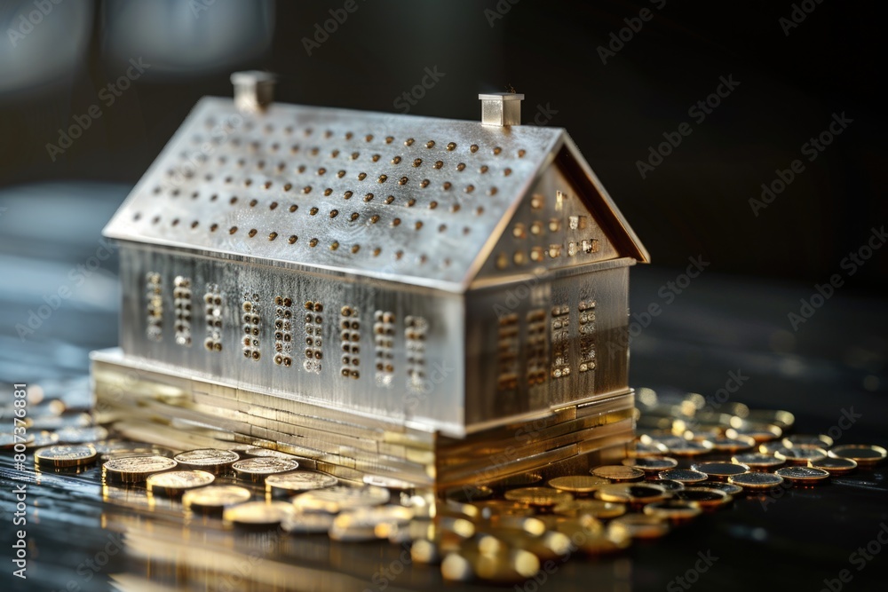 Poster a unique metal house perched on a stack of coins. ideal for financial concepts