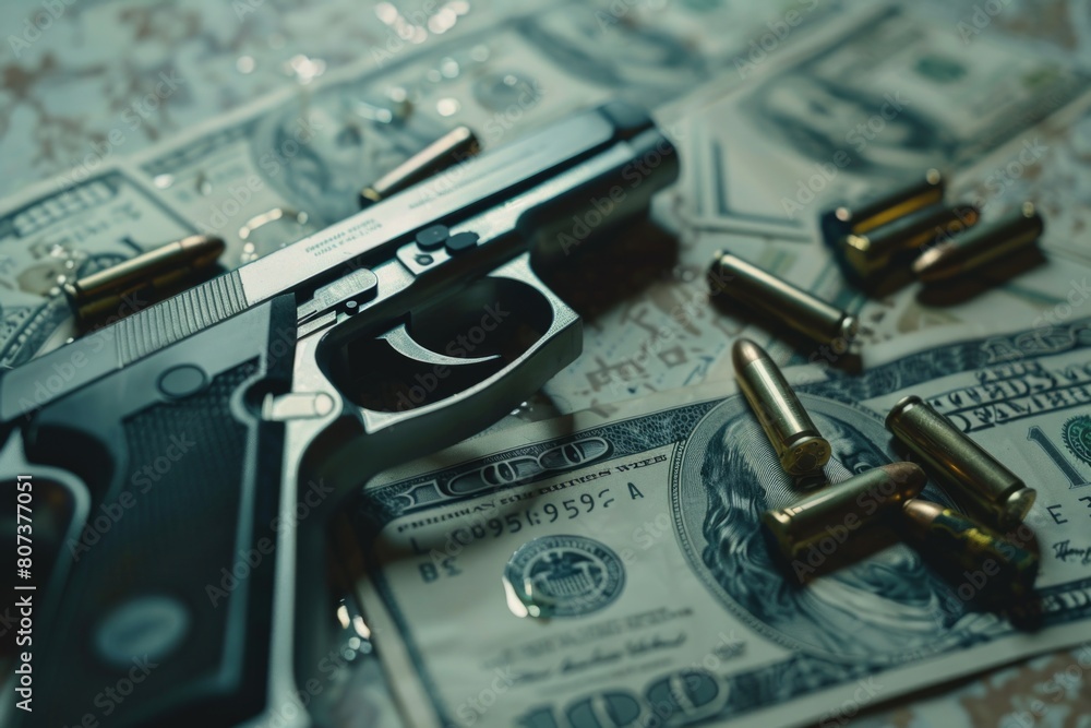 Poster a gun resting on top of a pile of money. suitable for finance or crime concepts