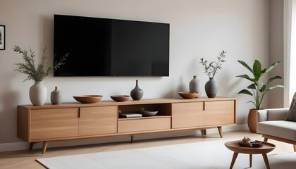 A minimalist living room with a wooden bench, a bonsai tree, and a framed artwork on the wall,zen