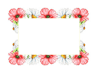 Floral frame of daisies and poppies. Watercolor rectangular composition with white daisies and red poppies. Floral template for greeting cards, wedding, birthday, first communion invitations