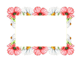 Floral frame of daisies and poppies. Watercolor rectangular composition with white daisies and red poppies. Floral template for greeting cards, wedding, birthday, first communion invitations