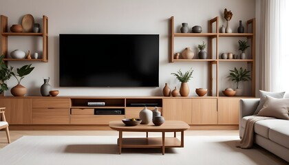 A minimalist living room with a wooden bench, a bonsai tree, and a framed artwork on the wall,zen