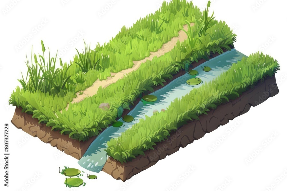 Poster a scenic view of a river running through a vibrant green field. suitable for nature and landscape th