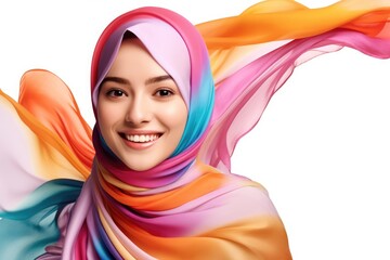 Portrait of beautiful caucasian happy smiling woman wearing colorful hijab over white png background. Waving head scarf, femininity, concept of goods for muslim islamic women. Copy space for design.