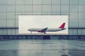 A commercial airplane flying in front of a modern building, suitable for travel or transportation concepts