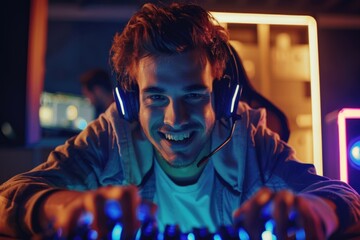 Fototapeta premium A man wearing headphones while playing a video game. Suitable for gaming or technology concepts