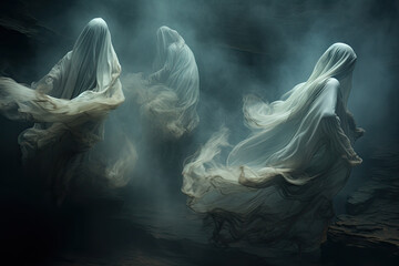 Three ethereal beings ghosts with white flowing robes move through a dark and foggy space.