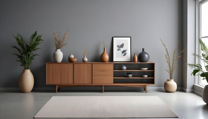 A minimalist living room with a wooden bench, a bonsai tree, and a framed artwork on the wall,zen