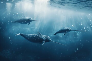 Fototapeta premium Group of dolphins swimming gracefully in the ocean. Suitable for marine life concepts