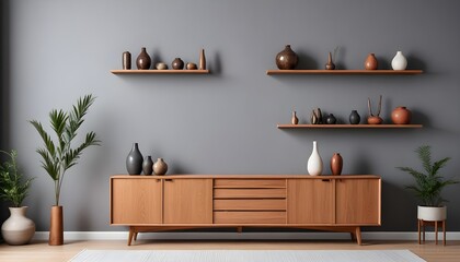 A minimalist living room with a wooden bench, a bonsai tree, and a framed artwork on the wall,zen