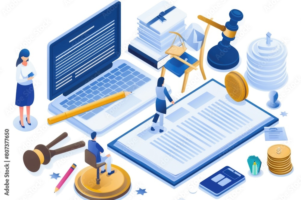 Poster A laptop computer placed on a desk next to a judge's gavel. Suitable for legal and technology concepts