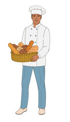 male African American character baker standing with a basket of bread 