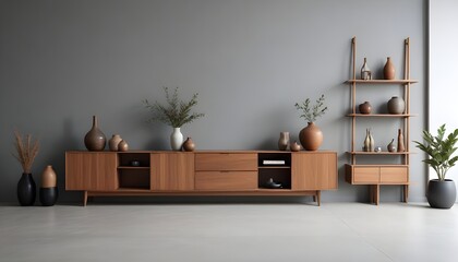 A minimalist living room with a wooden bench, a bonsai tree, and a framed artwork on the wall,zen