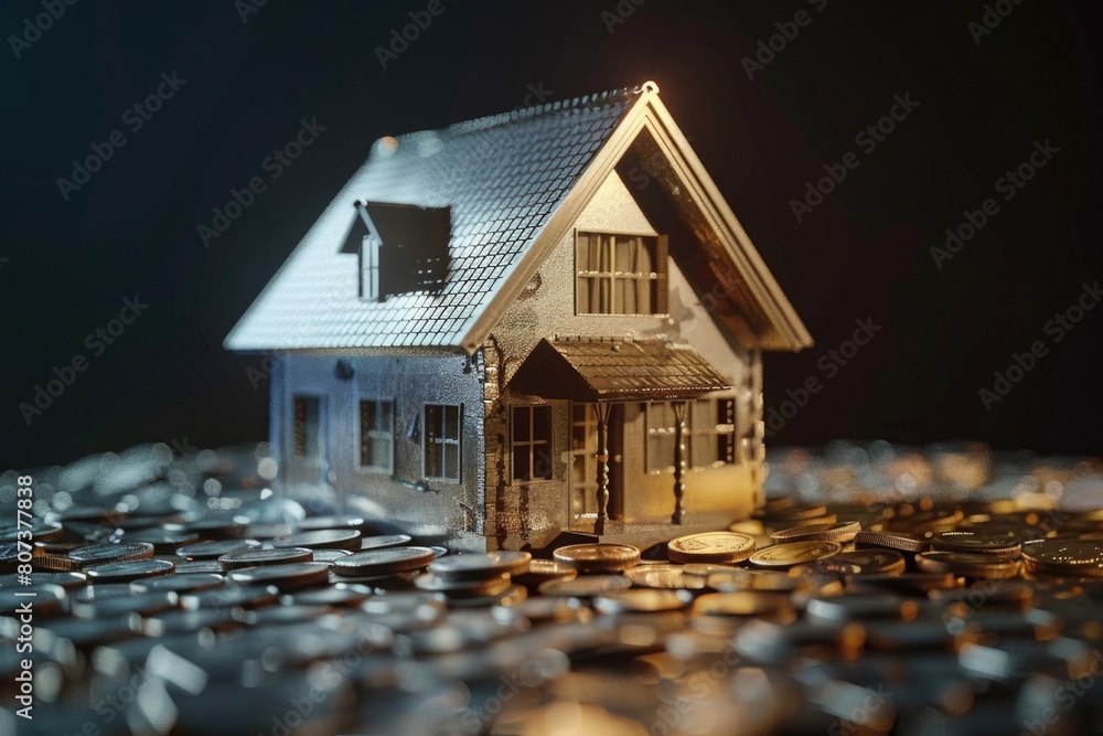 Poster a model house placed on top of a pile of coins. suitable for finance and real estate concepts