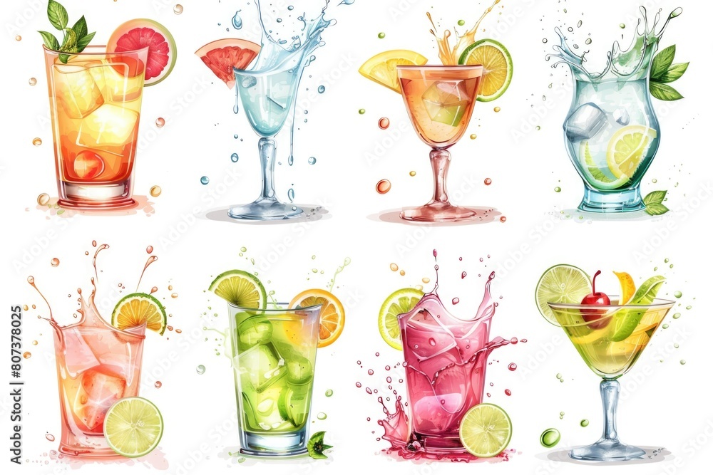 Poster a set of six different colored cocktail drinks. perfect for bar menus or party invitations