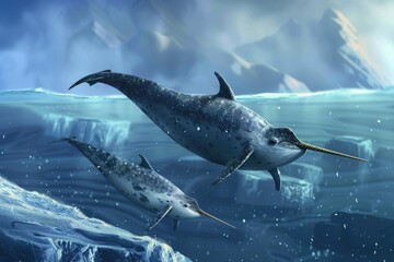 Fototapeta premium Two narwhalls gracefully swimming in the ocean. Ideal for marine life concepts