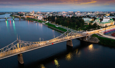 Scenic aerial view of Tver cityscape on banks of Volga river overlooking Transfiguration Cathedral...