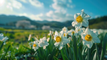 Fototapeta premium Beautiful field of white and yellow flowers with majestic mountains in the background. Perfect for nature and landscape themed projects