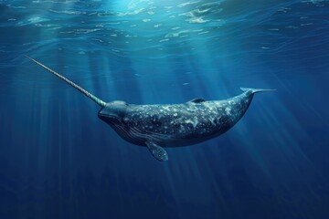 Majestic narwhal swimming gracefully in the deep blue ocean. Perfect for marine life or wildlife concepts - obrazy, fototapety, plakaty