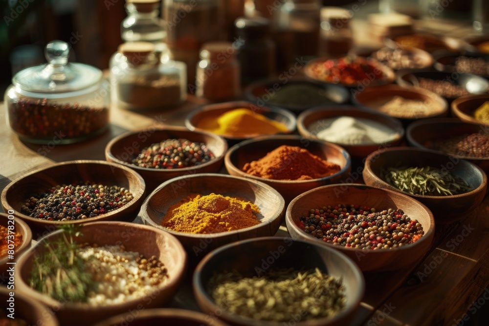 Poster Different types of spices displayed in bowls on a wooden table. Perfect for culinary and food-related projects