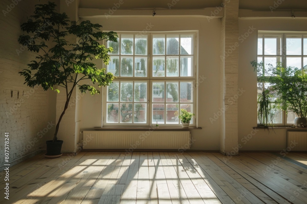 Poster a simple room with a window and a potted plant. suitable for interior design concepts