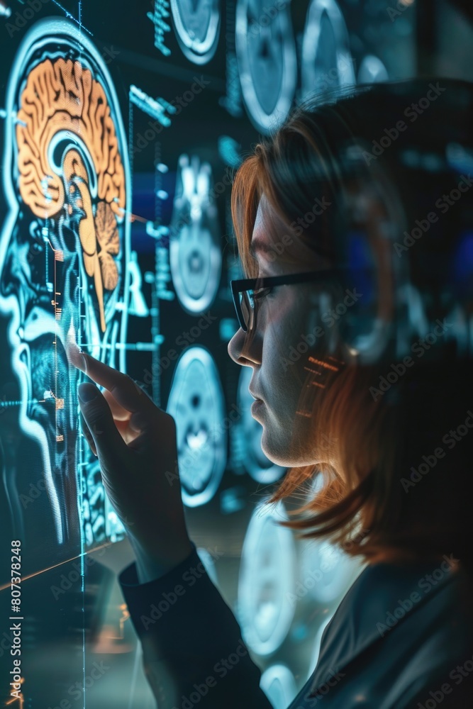 Poster woman looking at computer screen with brain scans, suitable for medical concepts