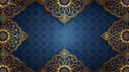 Symmetrical Ornamental Pattern with Intricate Gold Designs on a Dark Blue Background - Ideal for Luxury or Elegance Themes in Various Decorative Contexts.