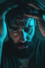 A man holding his head in front of his face. Suitable for mental health concepts