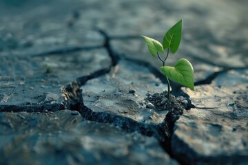 A small plant growing in a crack on the ground. Suitable for environmental themes