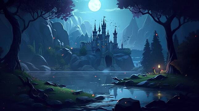 Majestic castle overlooking a tranquil lake under the enchanting glow of a full moon.
Seamless looping 4k time-lapse virtual video animation background. Generated AI