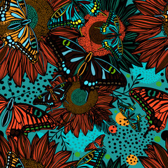 Beautiful graphic floral seamless abstraction with butterflies and flowers. Vector illustration