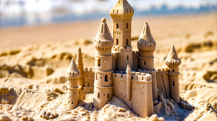 A sand castle is built on a beach