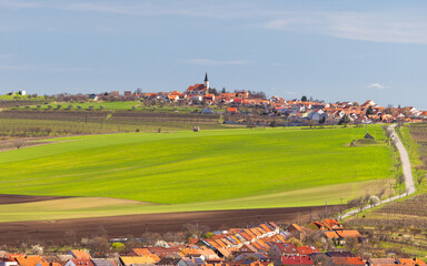 View of Vrbice village from The Slunecna lookout tower near Velke Pavlovice in wine region of South...