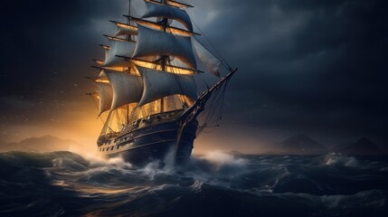 Old ship sailing in stormy seas.AI generated image