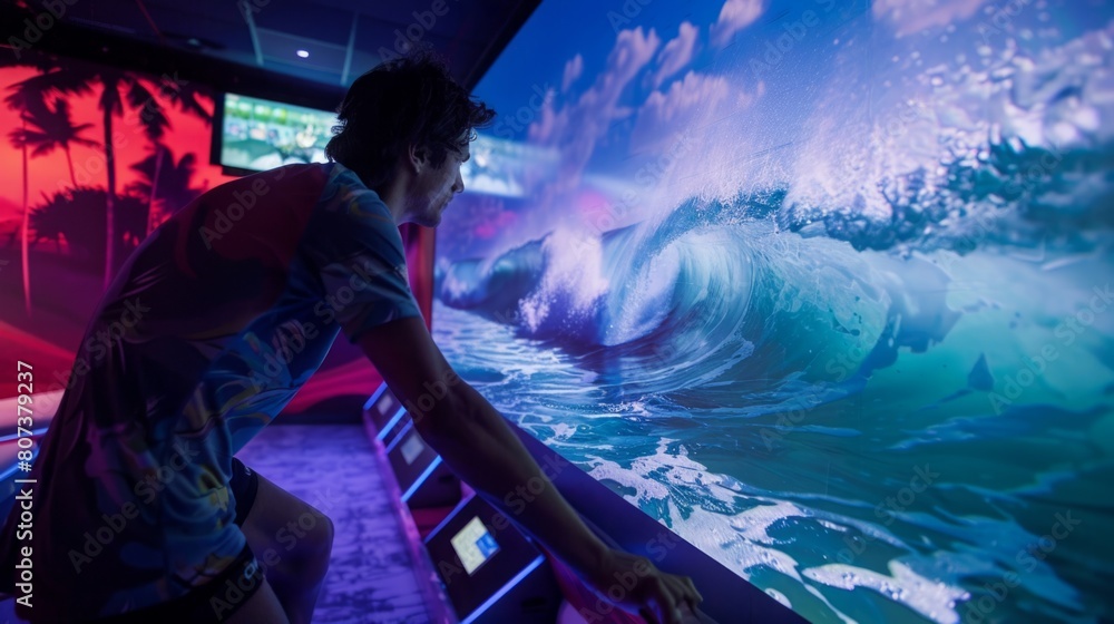 Aufkleber A man standing in front of a large screen, looking at the display with focused attention.