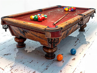 A pool table with a red cloth and a bunch of balls on it