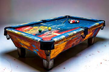 A pool table with a colorful design and a few balls on it