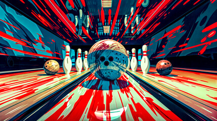 A bowling ball is rolling down a red and white bowling lane